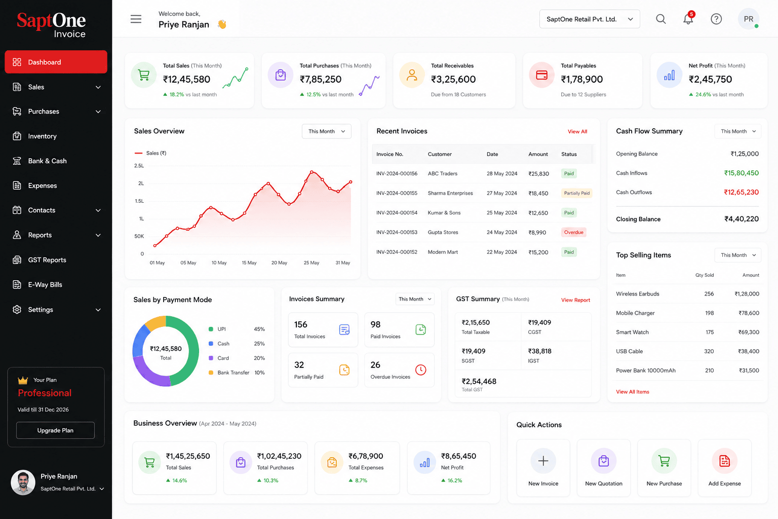 SaptOne Invoice dashboard and mobile invoice preview